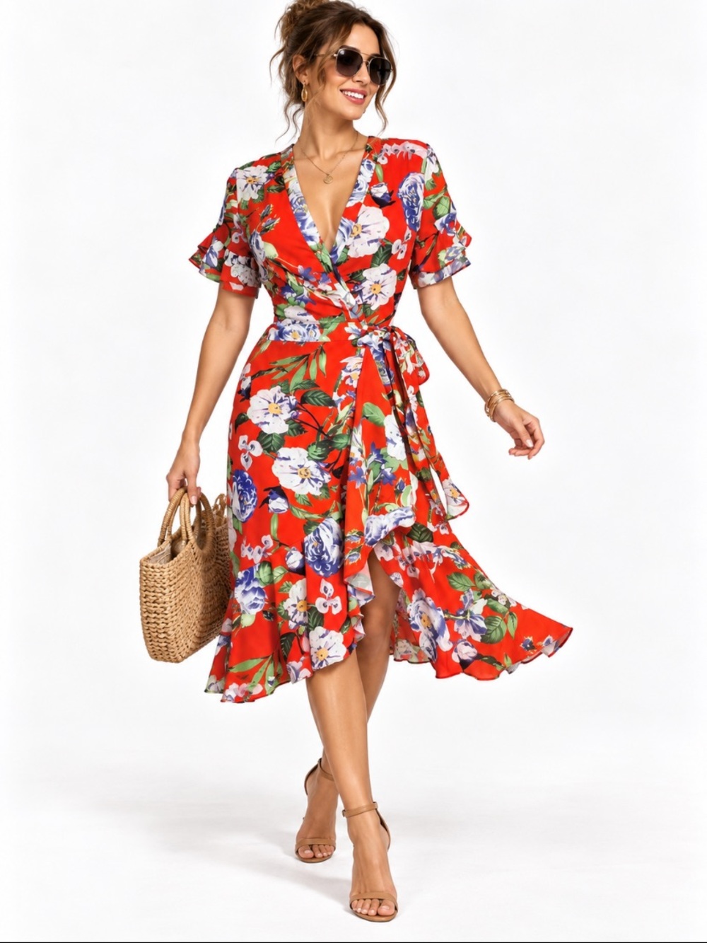 Fashion Nova Red Fully Bloomed Floral Tropical Side Cutout Wrap Dress Size M